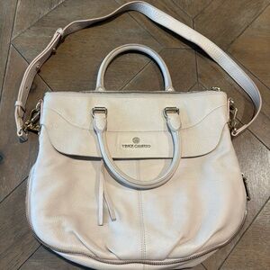 Vince Camuto Dean Beige Leather 2 Handle Satchel-Crossbody Zip Around Expandable